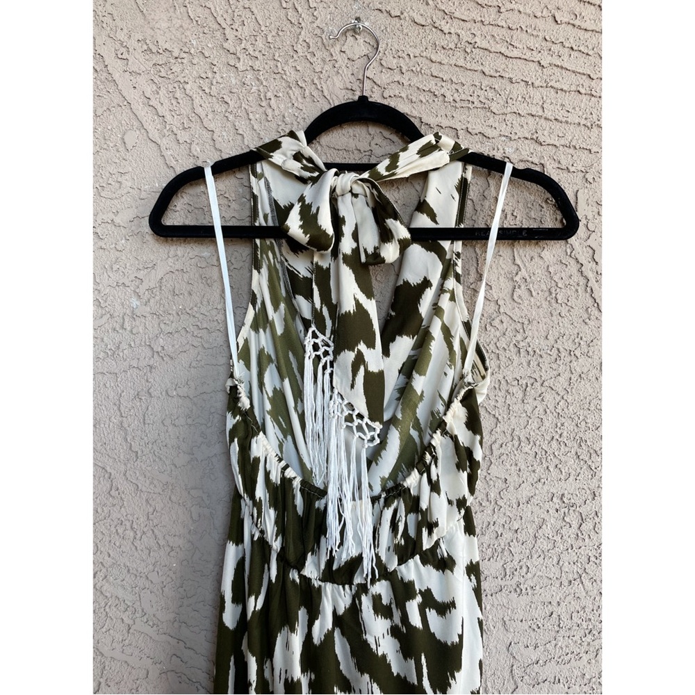 ANTHROPOLOGIE Olive Green & White Satin Fringe Cover Up Halter Dress - Picture 7 of 15